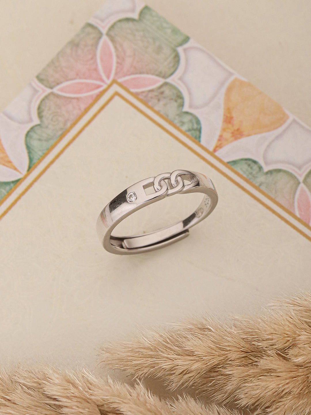 925 Sterling Silver Rhodium Plated Minimal Link love Adjustable Finger Band Ring